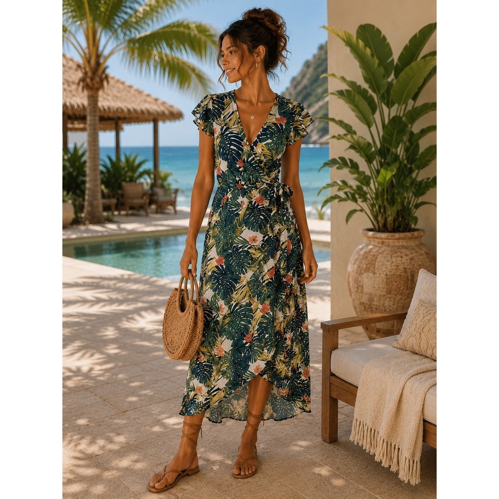 Scobe‎ Tropical Floral Wrap Dress Green Monstera Hibiscus High-Low Made in USA S